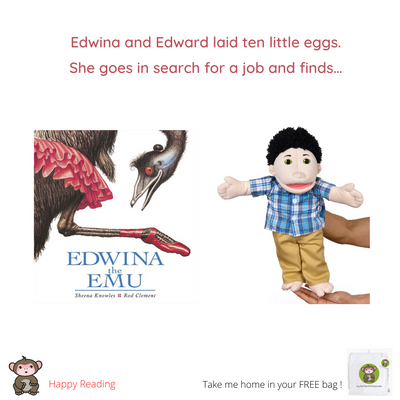 Edwina the Emu & Boy Hand Puppet & Free Drawstring bag