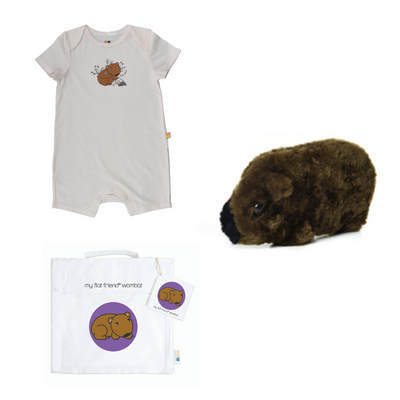 Short Sleeve Baby Jump Suit Organic Cotton & Wombat  lambskin sheepskin natural soft toy & free cotton carry bag