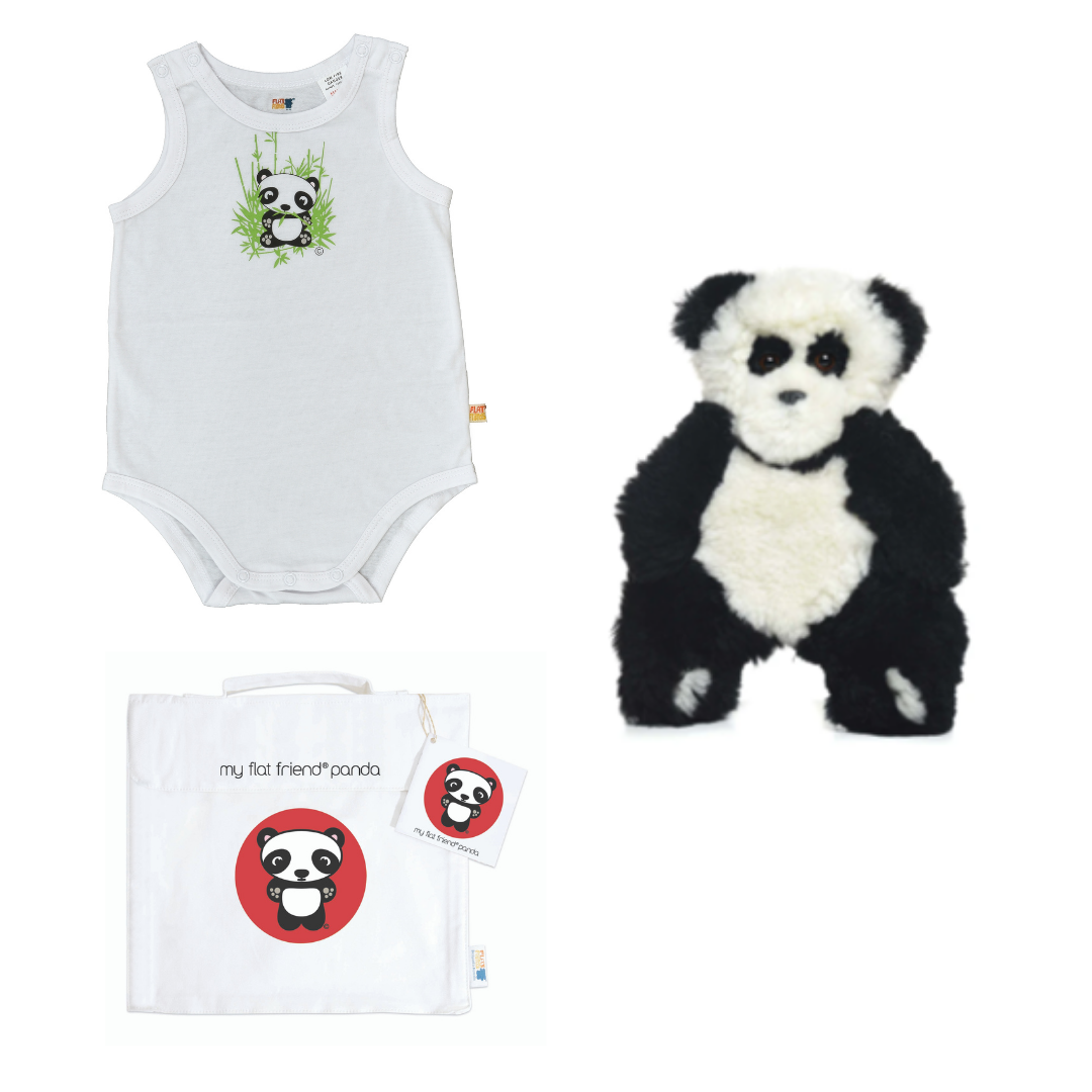 Singlet Baby Jump Suit Organic Cotton & Giant Panda lambskin sheepskin natural soft toy & free cotton carry bag