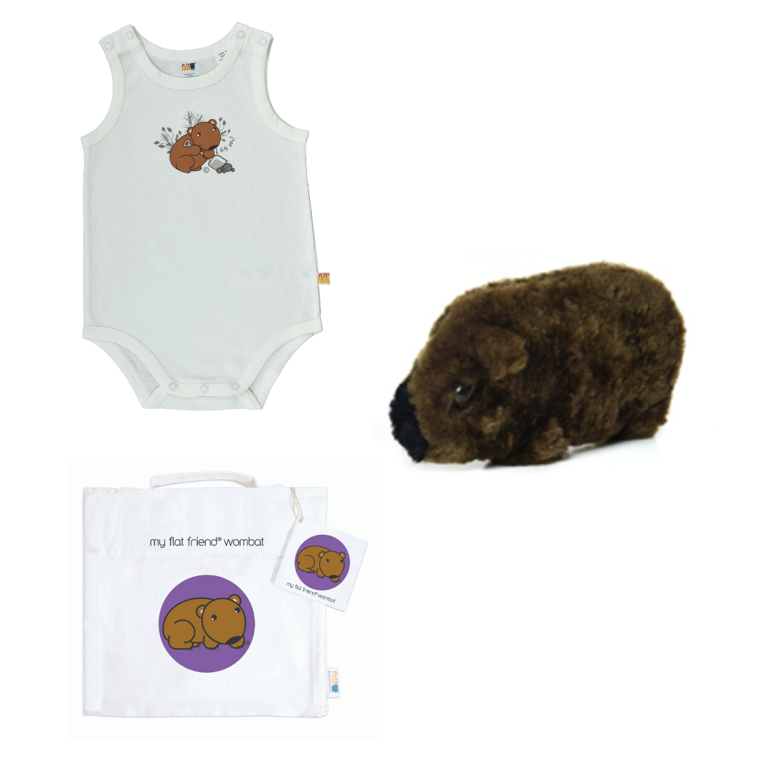 Singlet Baby Jump Suit Organic Cotton & Wombat  lambskin sheepskin natural soft toy & free cotton carry bag