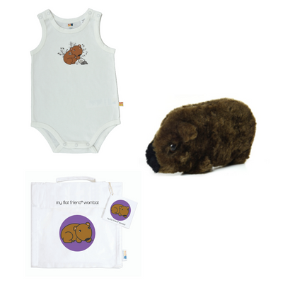 Singlet Baby Jump Suit Organic Cotton & Wombat  lambskin sheepskin natural soft toy & free cotton carry bag